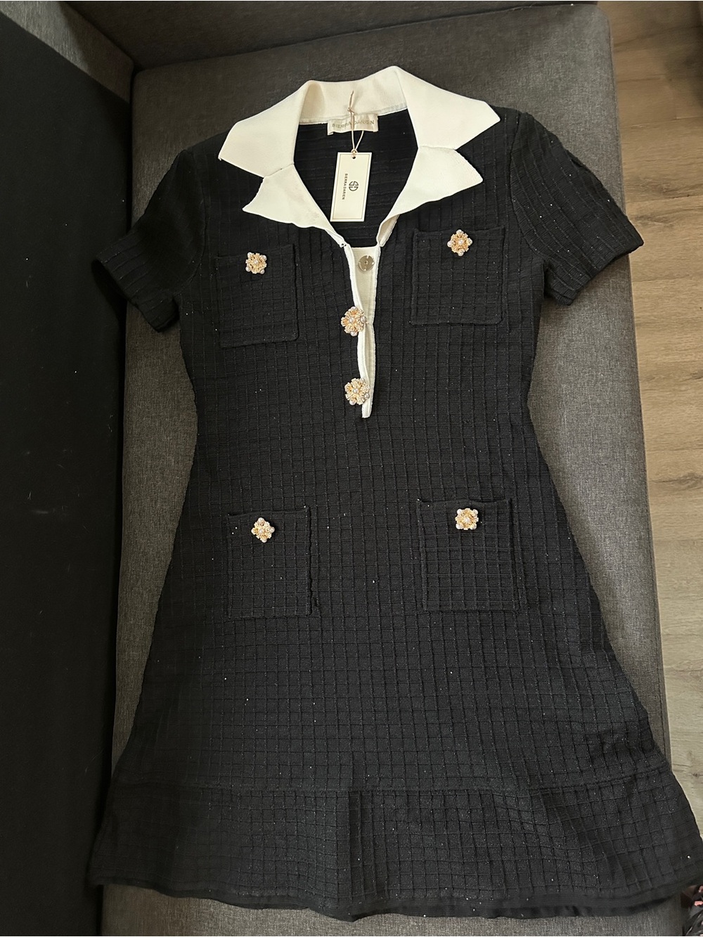 Self-Portrait Black Knit Bow Mini Dress Short Sleeve Slim Fit Dress for Ladies